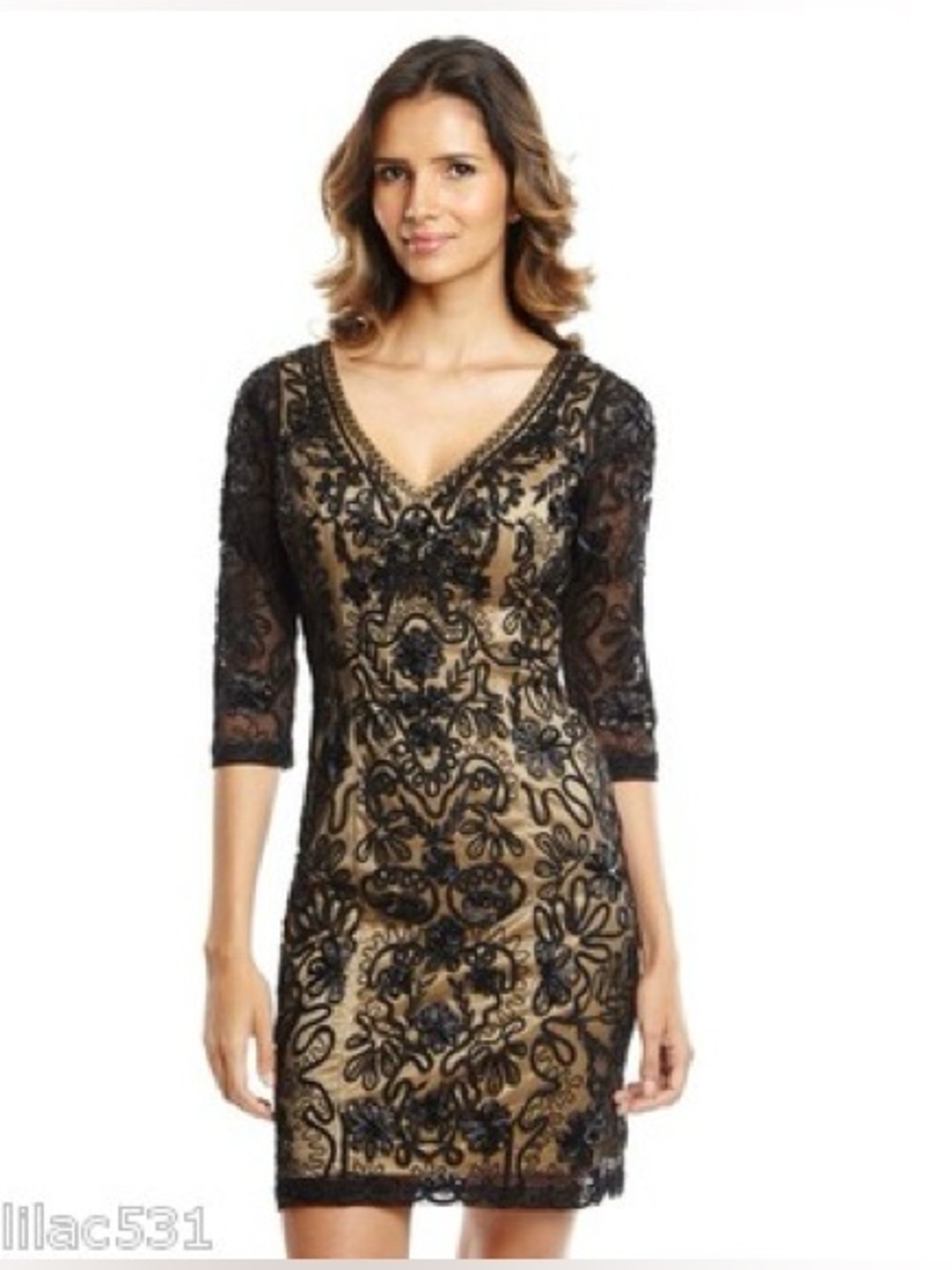 Sue Wong Black Lace Overlay Gold Sheath Dress - V-Neck, 3/4 Sleeves
